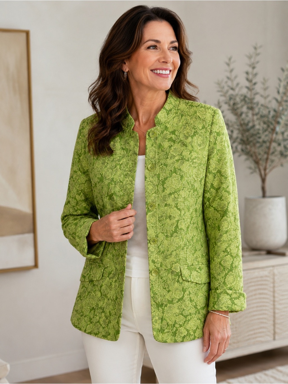 Dialogue Women’s Lime Green Floral Jacquard Blazer Jacket Business Casual Size M